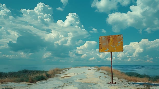 A yellow sign on a road photo