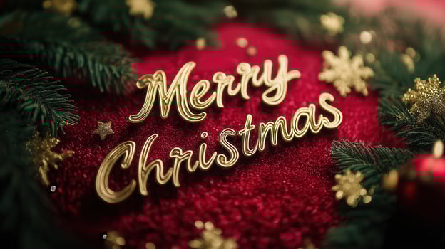 Golden letters Merry Christmas in the center on a red background with fir branches photo