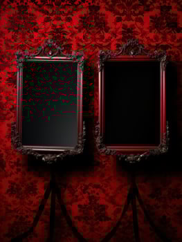 Ornate antique frames on red floral wallpaper photo