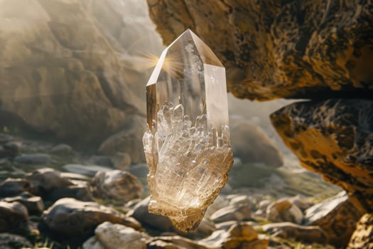 Glowing crystal quartz rock formation in natural setting photo