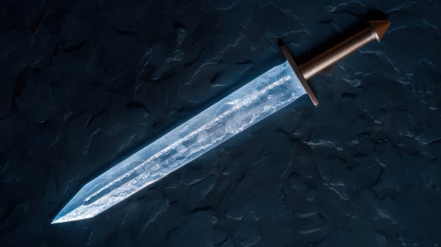 Shiny metal sword on dark background photo