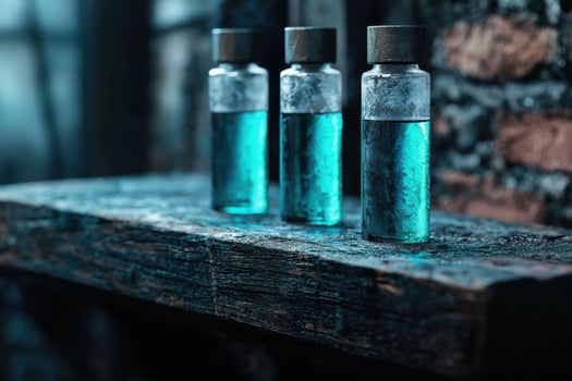 Mysterious glass bottles with blue liquid photo