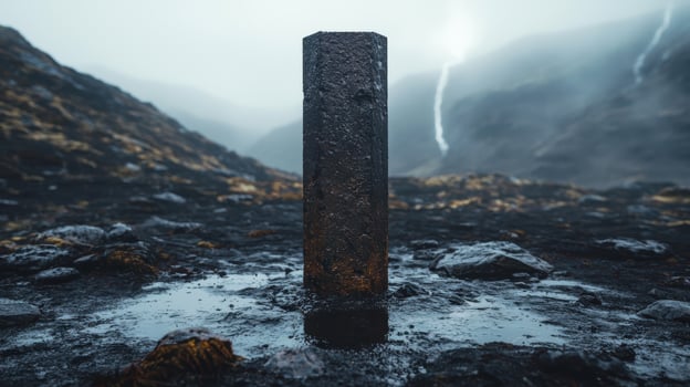 Mysterious monolith standing in remote, rugged landscape photo