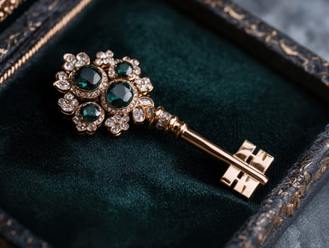 Ornate golden key with emerald and diamond accents photo