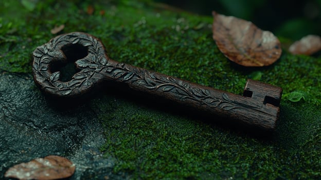 Ornate wooden pipe on mossy ground photo