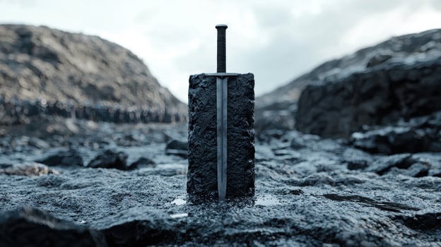 Sword in the stone on a rocky beach photo