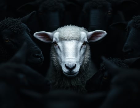 Closeup portrait of a white sheep with black sheep in the background photo