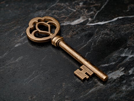 Ornate golden key on dark marble background photo