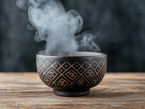 Ornate ceramic bowl with steam rising photo