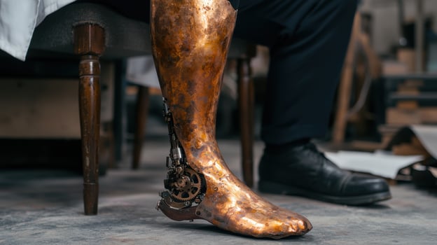 Steampunk prosthetic leg with gears and mechanisms photo