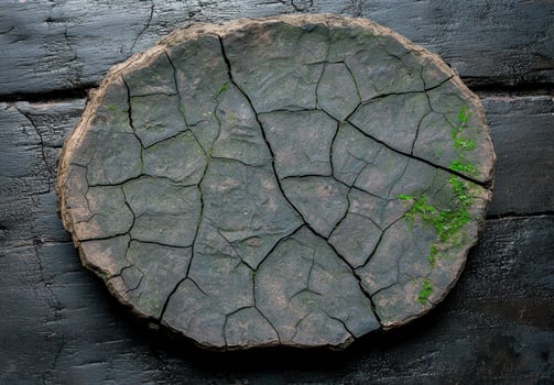 Cracked stone slab on weathered wooden surface photo