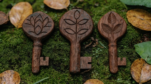 Carved wooden keys with floral designs on moss covered ground photo