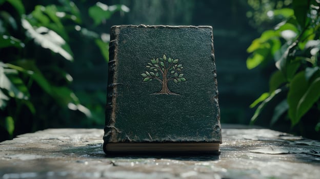 ancient leather bound book with tree of life emblem in forest photo
