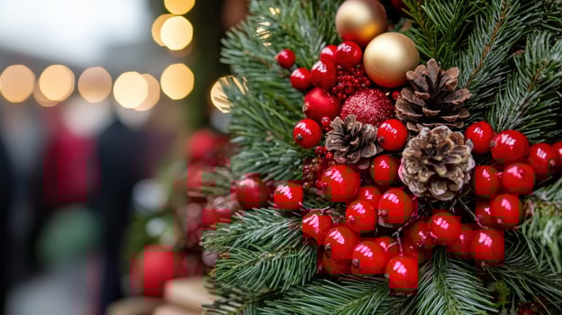 festive christmas wreath with pine branches, red berries, and golden ornaments photo