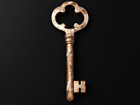 Ornate antique key on black background photo
