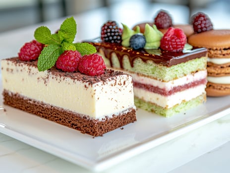 Delicious layered dessert with fresh berries and chocolate photo