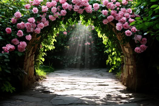 Enchanting floral archway leading to a serene waterfall photo
