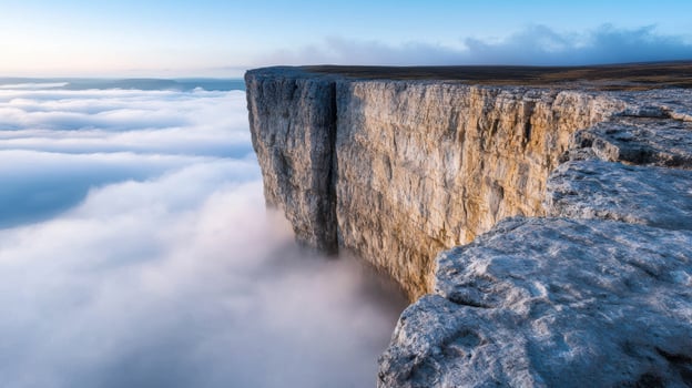 Dramatic cliff overlooking misty valley photo