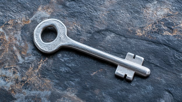 Vintage metal key on dark slate background photo