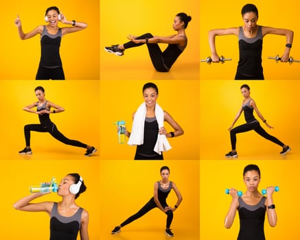 Black woman showcases her fitness routine through a series of exercises, including weightlifting, stretches, and hydration, set against a vibrant yellow background. photo