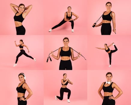 A fit woman engages in various workout poses, showcasing exercises like lunges and jumps. The vibrant pink background adds energy to her dynamic fitness routine. photo