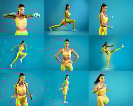 A fitness enthusiast performs various exercises including lunges, arm lifts, and stretches, all while wearing bright yellow workout gear. photo