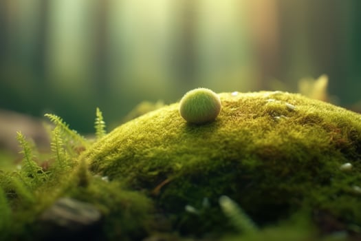 Moss covered forest floor with a small mushroom photo