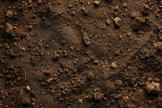 Detailed view of dark brown soil texture with stones and plant debris photo