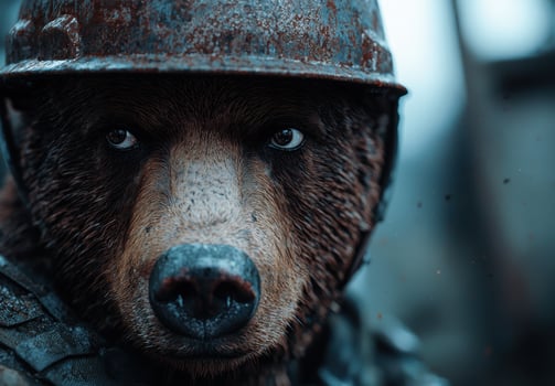 close up portrait of a bear wearing a rusty helmet photo