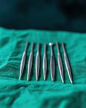 surgical tools on green cloth photo