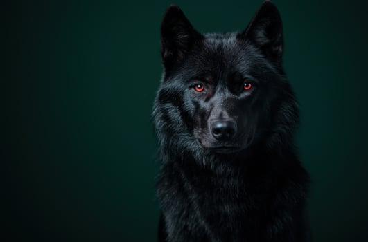 Intense black wolf with glowing red eyes photo