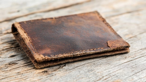 Vintage leather wallet on rustic wooden surface photo