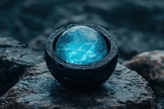 Mystical crystal ball in a dark fantasy landscape photo