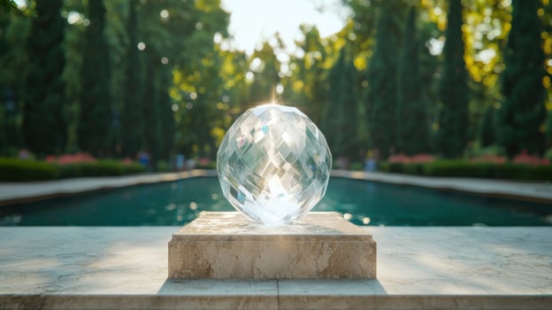 Reflective crystal ball in serene garden setting photo