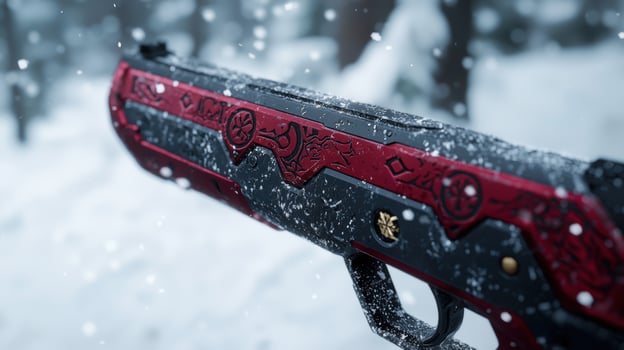 Snowy red and black tactical knife closeup photo