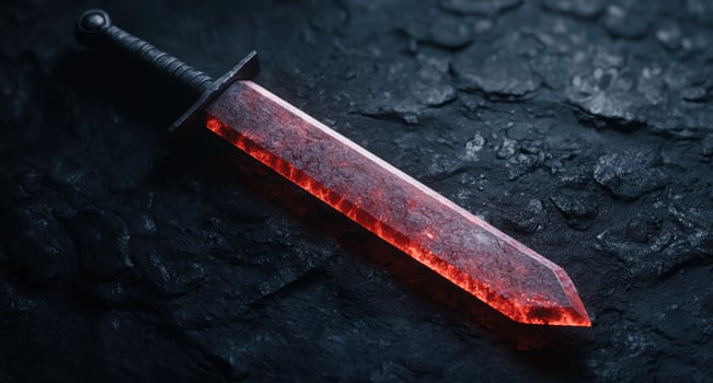 Glowing hot knife on dark rock surface photo