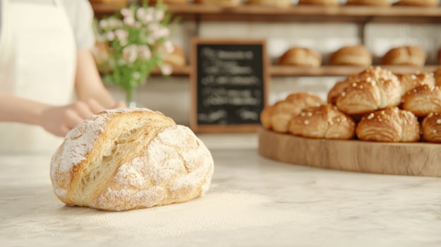fresh baked bread in a bakery display photo