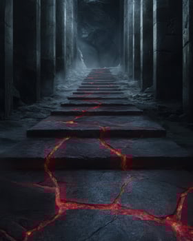Mysterious dark staircase with glowing red cracks photo