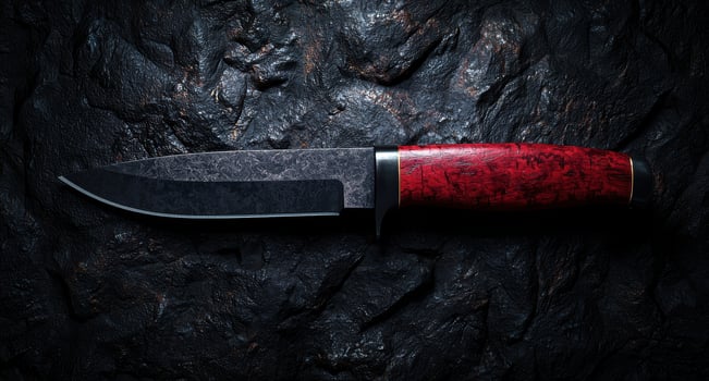 Closeup of a sharp knife with a red wooden handle on a dark background photo