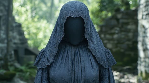 Mysterious figure in dark hooded cloak in forest photo