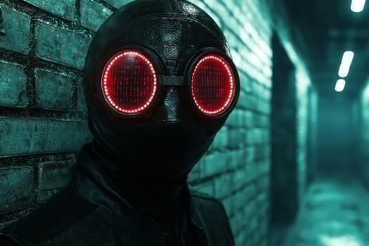 Futuristic cyborg with glowing red eyes photo