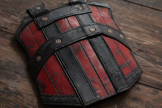 Weathered leather armor with metal studs on a wooden surface photo