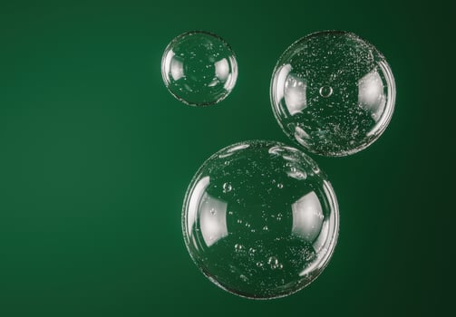 Transparent bubbles floating on green background photo