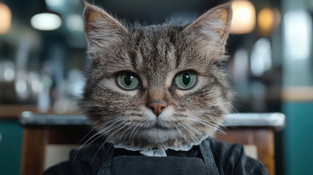 Closeup portrait of a serious looking gray tabby cat photo