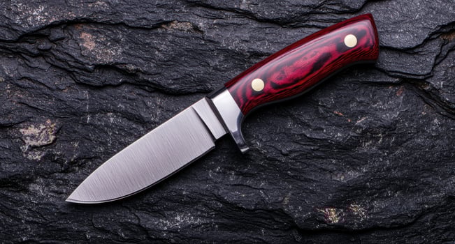 Close up of a sharp hunting knife with a red and black handle on a dark rock background photo
