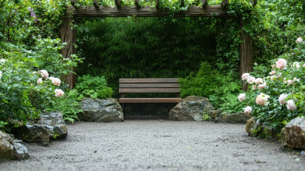 Serene garden bench in lush green landscape photo