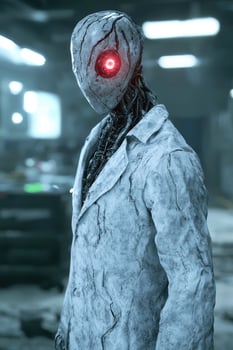 Futuristic cyborg with glowing red eye photo