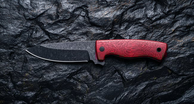Closeup of a sharp hunting knife with a red wooden handle photo