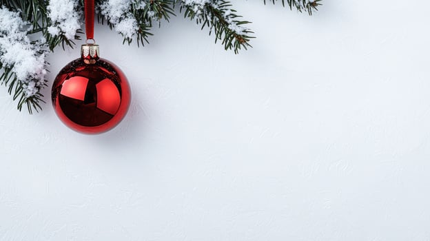 red christmas ornament hanging on snowy pine tree branch photo