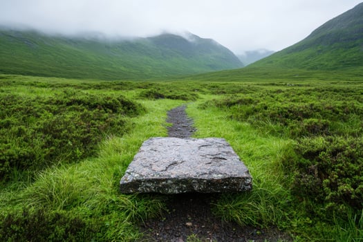 Misty mountain path through lush green valley photo